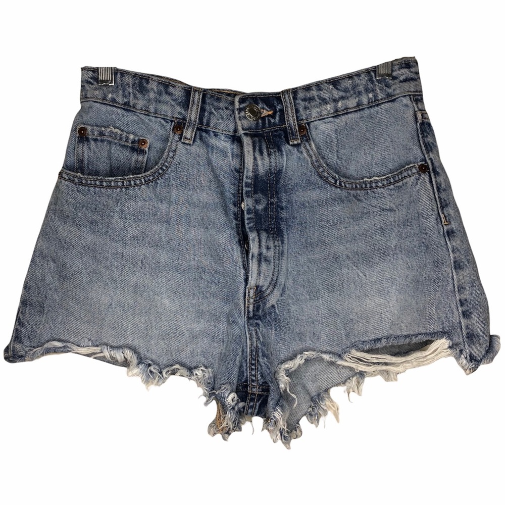 Zara High Waist Shorts Denim Distressed Full Button Hidden 5 Pocket Size 6